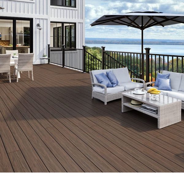 Horizontal paneled house with brown deck